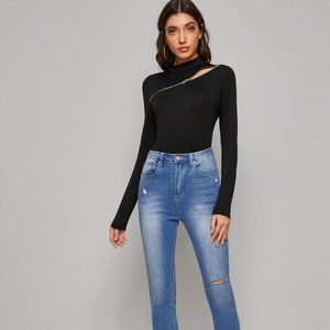 Mock Neck Zipper Detail Slim Tee